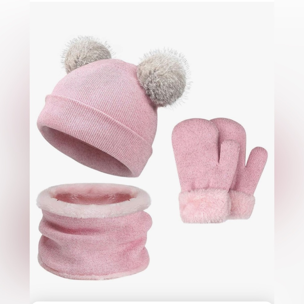 Kids Winter  Cute Pompom Beanie Hat, scarf and mittens 3-4 y